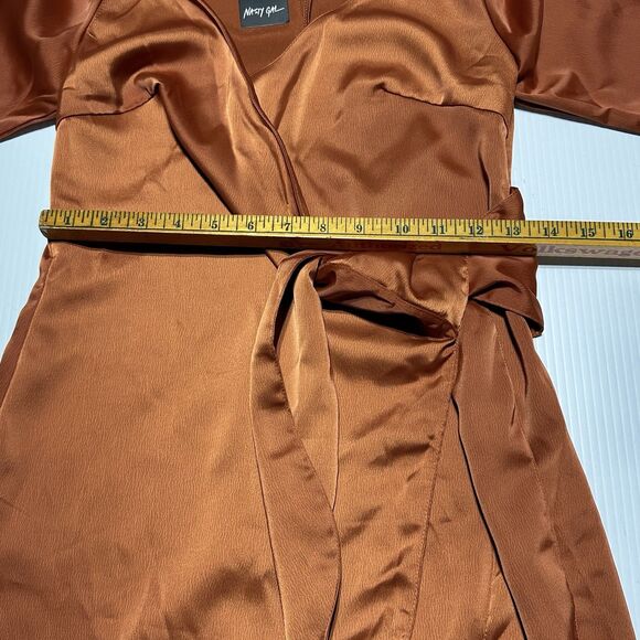 NASTY GAL Burnt Orange Faux Wrap Satin Mini  Dress Size 4 Long Sleeve NWT - Picture 9 of 12